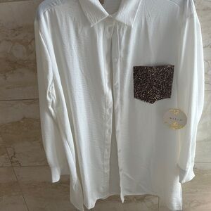NWT Misia white blouse with gold sequin pocket